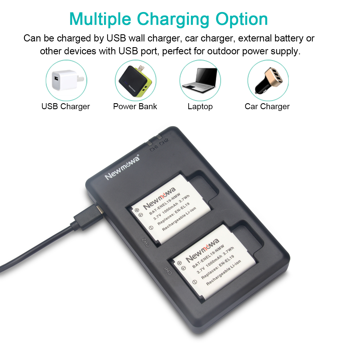 Pickle Power 2x Batteria EN-EL19 1000mAh + Caricatore USB Dual LED Per Nikon Coolpix S32, S100, S2800, S3200, S3500, S6900 E Altri – Cavo Incluso
